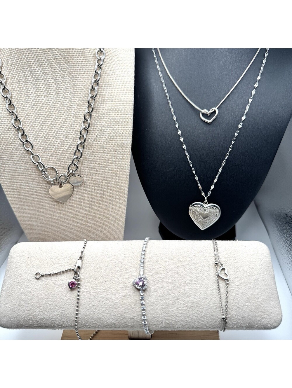 Silver Tone Heart Jewelry Lot 6 Pc Locket 925 Bracelet Rhinestone Necklaces Love